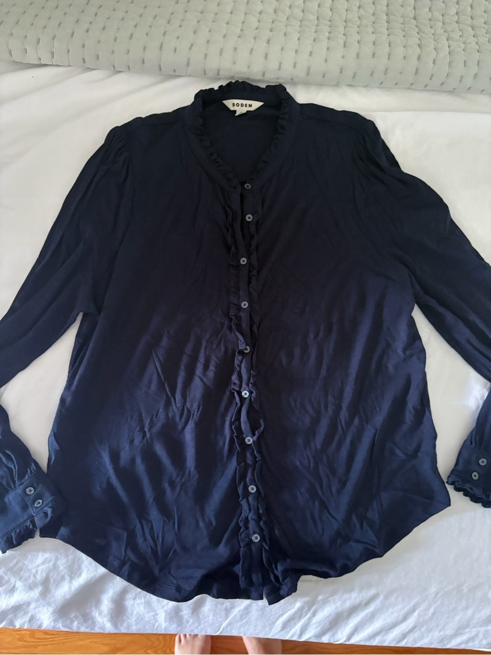 Boden Navy Ruffle-Front Blouse